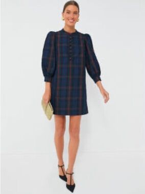 Tuckernuck Size Small Navy Plaid Puff-Sleeve Shift Dress EUC